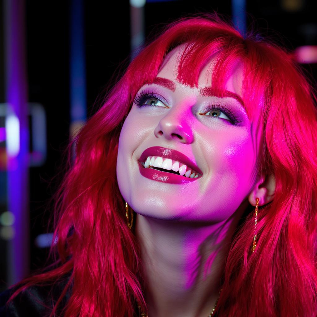 Red haired woman smiling at night