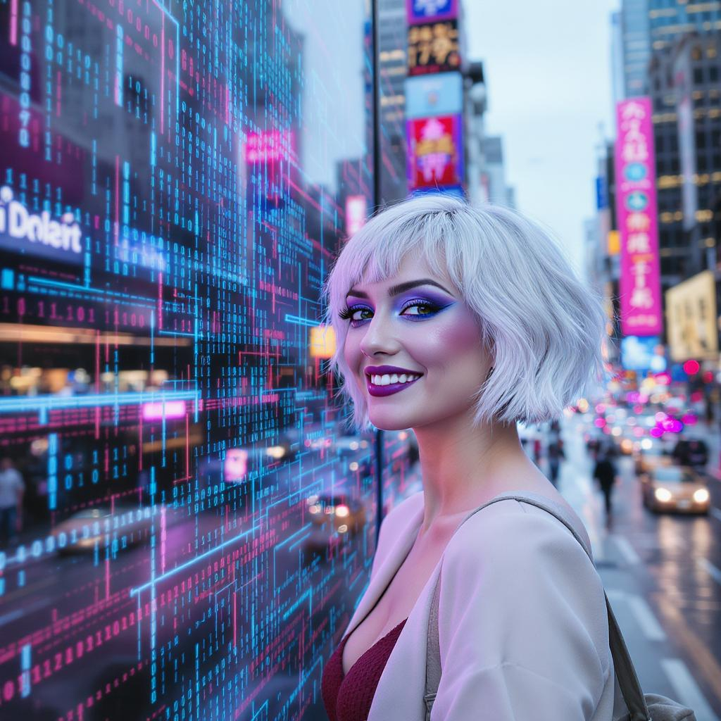 White haired woman in a city street